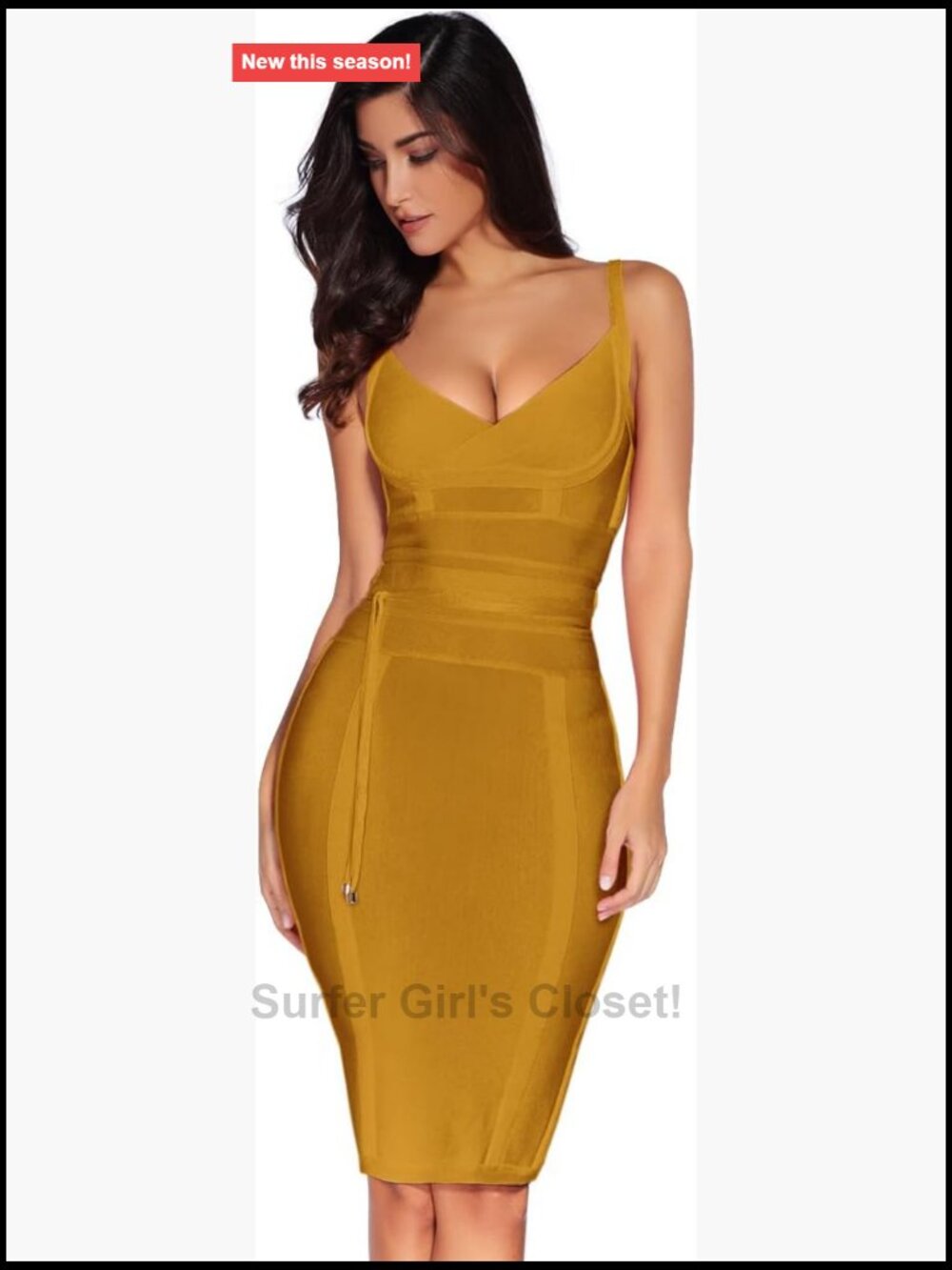 Women's Rayon Bodycon Party Dress Belt Detail Sleeveless V-Neck